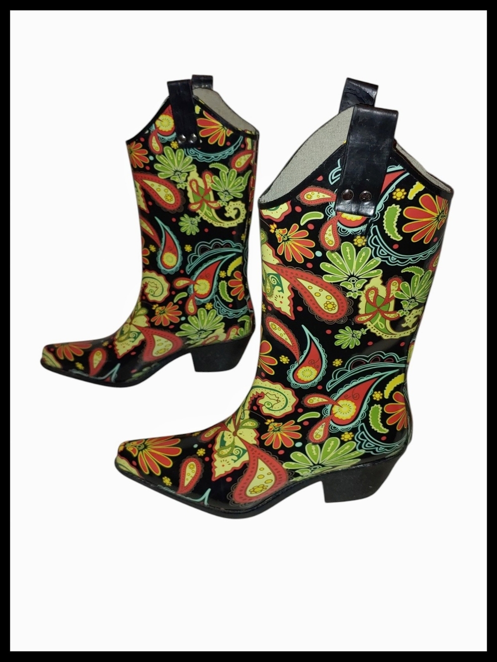 Nomad Black Paisley Floral Western Rain Boots